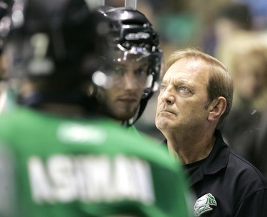 Longtime trainer Don Brankley watches the clock wind down on the London Knights  and his 38-year career with them  in the third period last night at the John Labatt Centre. Brankleys tenure ended as the Guelph Storm won 5-0 to win their best-of-seven OHL Western Conference quarter-final in five games.