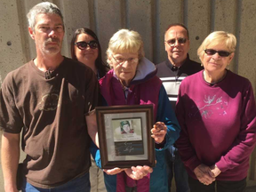 Family and friends of John Janssens, 73, who died about two months after falling from a roof in Wallaceburg, on Nov. 16, 2016. Pictured from front left is Dale Janssens, son; Eileen Janssens, wife; Jane Daniels, sister-in-law. Back row, left, is Meka Cedar, Chatham-Kent Victim Services and David Robinson, family friend.