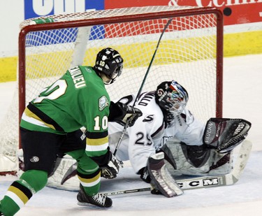 JUST MISSED - London Knights (in Green) Vs. The Guelph Storm in OHL action at the John Labatt Centre, Jan. 29/06.   Knight's Josh Beaulieu watches his backhand shot just miss the top corner behind Storm goalie Ryan MacDonald during the third period.