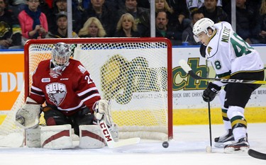 Sam Miletic of the Knights can't get his stick on a bouncing pass as he has lots of room behind Guelph Storm goalie Liam Herbst Friday night at Budweiser Gardens in London, Ont.  on December 16, 2016.  Mike Hensen/The London Free Press/Postmedia Network