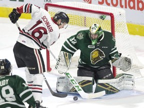 The London Knights goalie Joseph Raaymakers stops a shot by Nate Schnarr of the Guelph storm in the second period of an OHL game at Budweiser Gardens. (File photo)