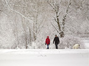 Felix Borchert, 14, and his mom Angela, walk with their Aussie-doodle, Svipp, through Gibbons Park after a wet snow overnight on Sunday. March 31, 2019.  Borchert said the resident great horned owl is back on location sitting on its nest in the snow. (Mike Hensen/The London Free Press)