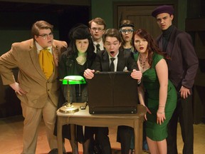A scene from the Original Kids Theatre Company's production of "Clue" at the Spriet Family Theatre. L TO R  Ben Lord as Colonel Mustard, Claire Donoghue as Mrs. White, Nicolas (cct) Jacobs as Mr. Green, Jack Meadows as Wadsworth, Mandy Dunmore as Mrs. Peacock, Lauren Gillis as Miss Scarlet and Zach Gillis as Professor Plum. (Derek Ruttan/The London Free Press)