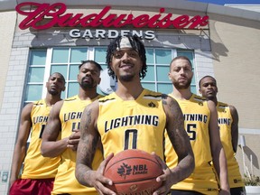 The London Lightning starting five when they host the KW Titans in the first game of the NBL playoffs at Budweiser Gardens Thursday evening. L to R Marcus Capers, Marvin Phillips, Mo Bolden, Garrett Williamson and Kevin Ware. (Derek Ruttan/The London Free Press)