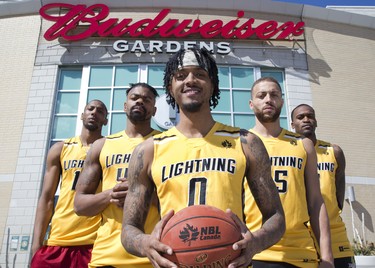 The London Lightning starting five when they host the KW Titans in the first game of the NBL playoffs at Budweiser Gardens Thursday evening. L to R Marcus Capers, Marvin Phillips, Mo Bolden, Garrett Williamson and Kevin Ware. (Derek Ruttan/The London Free Press)
