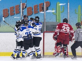 London Nationals celebrate a first period goal against Leamington Flyers goalie Zach Borgiel during their game at the Western Fair sports centre  in London on Wednesday April 3, 2019. Derek Ruttan/The London Free Press