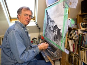 London artist Kevin Bice, 73, shows off a charcoal drawing of a St. John's, N.L., scene in his Blackfriars-area studio. Bice is one of 27 city artists opening their studios to visitors for this year's London Artists' Studio Tour April 26-28. (Mike Hensen/The London Free Press)