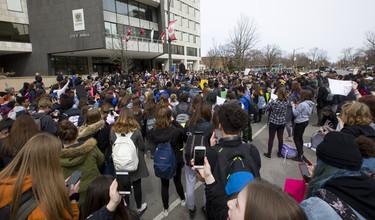 London NDP MPP Terrance Kernaghan addressed the Central and Beal high school students who joined forces to form a large protest outside London city hall. They were protesting Premier Doug Ford's proposed education overhaul, and the demonstration grew so large London police had to disperse the crowd. Photograph taken on Thursday April 4, 2019.  Mike Hensen/The London Free Press/Postmedia Network