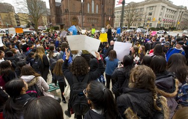 Central and Beal high school students joined forces to form a large protest outside London city hall. They were protesting Premier Doug Ford's proposed education overhaul, and the demonstration grew so large London police had to disperse the crowd. Photograph taken on Thursday April 4, 2019.  Mike Hensen/The London Free Press/Postmedia Network