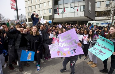 Central and Beal high school students joined forces to form a large protest outside London city hall. They were protesting Premier Doug Ford's proposed education overhaul, and the demonstration grew so large London police had to disperse the crowd. Photograph taken on Thursday April 4, 2019.  Mike Hensen/The London Free Press/Postmedia Network