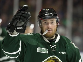 Kevin Hancock of the London Knights celebrates after opening the scoring against the Guelph Storm during the first period of their OHL playoff game in London on Sunday.  (Derek Ruttan/The London Free Press)