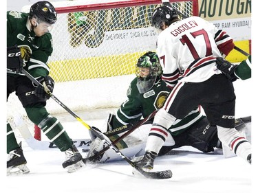 London Knight goalie Jordan Kooy managed to get his stick on the ice just in time prevent Pavel Gogolev from breaking his shutout bid late in the third period of their OHL playoff game in London on Sunday. Kooy achieved the shutout with a 7-0 win. (Derek Ruttan/The London Free Press)