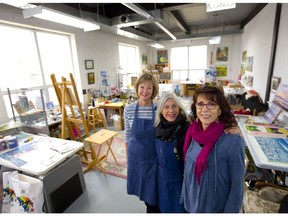 Moira Burke, Ingrid Connidis and Catherine Eichstedt are three London artists who share a spacious loft studio on Adelaide Street at Princess Avenue that allows for cross pollination of ideas, with enough room to do their own art. They will have a stop on the London Artists studio tour. (Mike Hensen/The London Free Press)