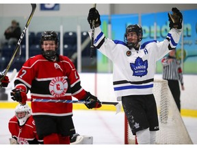 Christian Polillo celebrates a goal during a semifinal game against the Listowel Cyclones in London. (MIKE HENSEN, Free Press file photo)