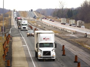 Highway 401 is under construction west of London with lanes being closed in both directions near Union Road. The new budget includes funds for widening of the 401 and a concrete median running west from London. Photograph taken on Friday April 12, 2019.  (Mike Hensen/The London Free Press)