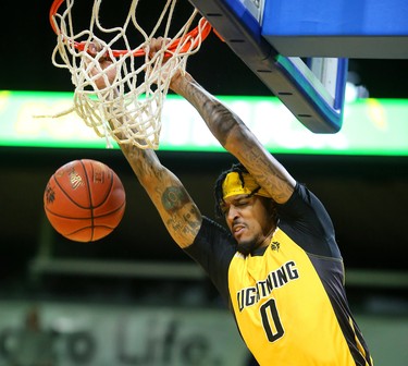 Mo Bolden slams and jams to open Game 5 between London and Kitchener Waterloo at Budweiser Gardens on Sunday. It wasn't enough, as the Titans went on to win 103-91. Mike Hensen/The London Free Press/Postmedia Network