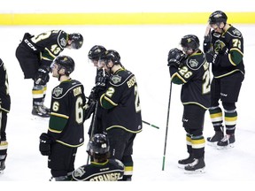 London Knights players react to season-ending 6-3 Game 7 loss to the Guelph Storm in London on Tuesday April 16, 2019. Derek Ruttan/The London Free Press