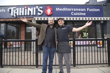 Tahini's  president Omar Hamam (left) and his co-owner brother Aly (cct) Hamam are excited to be adding a third site in London and expanding to other cities. Photo shot in London, Ont. on Tuesday April 23, 2019. Derek Ruttan/The London Free Press/Postmedia Network