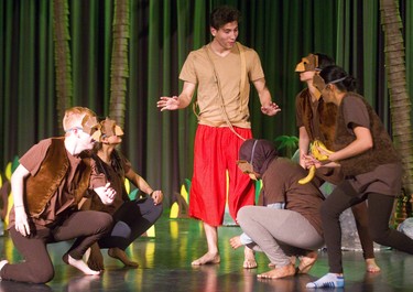 Mowgli played by Wasef Yasin tries to reason with the Monkey People in Westminster Secondary's production of The Jungle Book in London, Ont.  Photograph taken on Tuesday April 23, 2019.  Mike Hensen/The London Free Press/Postmedia Network