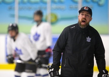 London Nationals head coach Pat Powers shouts instructions during a drill at practice Wednesday night. The Nats are opening up their Sutherland Cup final Thursday.  Mike Hensen/The London Free Press/Postmedia Network