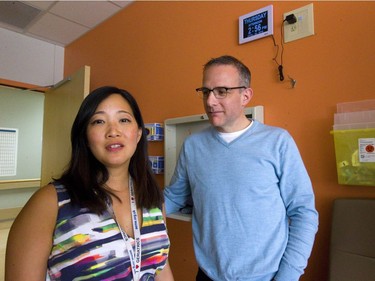 Dr. Jenny Thain and Dr. David Sanders talk about post-surgery suites at Victoria Hospital that are painted different colours to help lower confusion and delirium in patients. (Mike Hensen/The London Free Press)