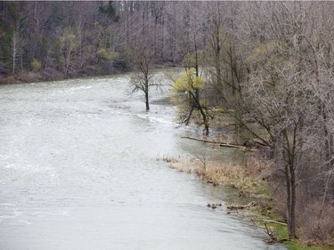 The Thames River is flowing high and fast, as seen from the top of the dam at the Fanshawe Conservation Area on Friday. Rain may lead to flooding this weekend, conservation authorities warn. (Derek Ruttan/The London Free Press)