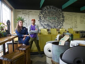 Irma Bajramovic and owner Mike Kowalik of Neighbourhood Laundromat on Hamilton Road near Egerton Street in London, Ont.  Photograph taken on Friday April 26, 2019. (Mike Hensen/The London Free Press)