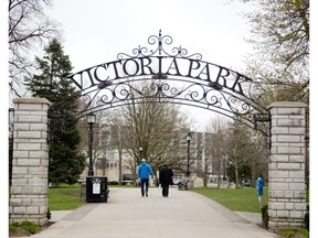 Pedestrians enter Victoria Park Monday April 29, 2019. Principles to guide development around the park got a green light from the planning committee Monday night. (Derek Ruttan/The London Free Press)