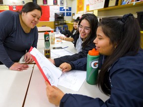 Kathleen Doxtator teaches Oneida to Tiara Doxtator and Sierra Brown as part of a class at Saunders secondary school in London.  Mike Hensen/The London Free Press