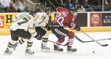 Guelph Storm forward Justin Auger is chased down by London Knights forwards Josh Anderson, left, and Bo Horvat during their OHL hockey game at Budweiser Gardens in London on Sunday September 30, 2012. CRAIG GLOVER The London Free Press / QMI AGENCY