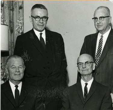 Directors and officers of the London Life Company, W.B. Rowe, lower left, former associate mortgage executive, 50 years' service; lower right, O.S. Mowat, former manager, industrial policy records, 47 years; upper right, C.L. Norton, former manager, ordinary policy service, 43 years; upper left is Joseph Jeffery, QC, chairman of the board of London Life, 1963. (London Free Press files)