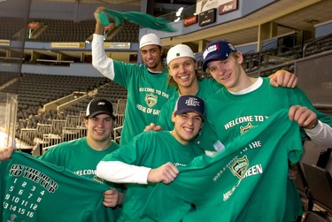 Members of the 2005 London Knights squad en route to the championship run: Kelly Thomson, front left; Bryan Rodney, front centre; Rear left-to-right is Gerald Coleman, Marc Methot and Corey Perry.