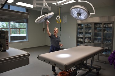 Veterinarian Heather Robertson adjusts a light in one of the operating rooms at the Nashville Zoo. Visitors can watch medical procedures on zoo animals through viewing windows. (WAYNE NEWTON photo)