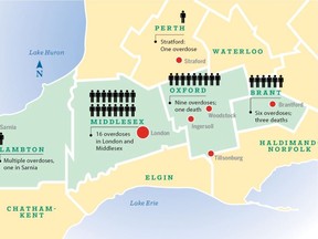 Info-graphic illustrates the locations of multiple suspected opioid drug overdoses across Southwestern Ontario in recent days. (Juanita Sims/The London Free Press)