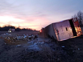 A big rig crashed along Hwy. 402 Wednesday morning near Strathroy, spilling 6,000 pounds of paint. Photo submitted by OPP on Thursday April 4, 2019.
