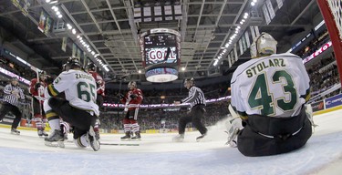 The scoreboard flashes "GOAL" after the Guelph Storm went up 2-0 despite the efforts of  London Knights Nikita Zadorov and Anthony Stolarz in the first period of game six at the Memorial Cup  in London, Ont. on Tuesday May 21, 2014. DEREK RUTTAN/London Free Press/QMI Agency