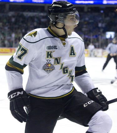 Josh Anderson celebrates after scoring the London Knights' s second goal against the Guelph Storm during game six of  the Memorial Cup in London, Ont. on Tuesday May 21, 2014. DEREK RUTTAN/London Free Press/QMI Agency