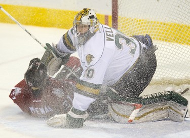 James McEwan of the Guelph Storm crashes into London Knights goalie Emanuel Vella in the secondperiod of their OHL hockey game  in London, Ont. on Saturday December 19, 2015. Derek Ruttan/The London Free Press/Postmedia Network