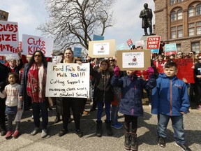 Thousands of teachers, students and union leaders gathered on the front lawn at Queen's Park to protest the Ford government's education cuts on Saturday, April 6, 2019. (Jack Boland/Toronto Sun/Postmedia Network)