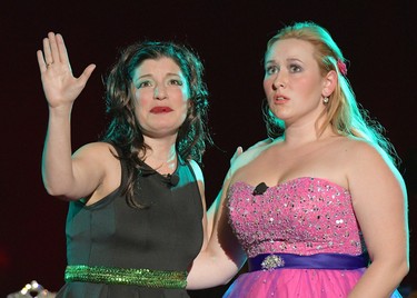 Andrea Ferrett, left, who will appear in Show Off, performs in Defying Gravity with Sarah Abbott. Ferrett first performed as a child in MTP’s 1990 production of South Pacific.  (Ross Davidson)