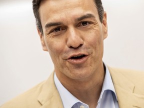 Spain's Prime Minister Pedro Sanchez during a party meeting at Socialist party headquarters in Madrid, Spain, Monday, April 29, 2019. Spain's political future is no clearer after a third election since 2015, with experts saying Monday that it won't be anytime soon before the muddle is resolved. The incumbent prime minister, Pedro Sanchez, celebrated after his Socialist party won the most votes in Sunday's ballot. But Spanish politicians were doing the math on how Sanchez might survive the next four years without a parliamentary majority. (AP Photo/Bernat Armangue)