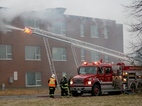 Bruce Hall, part of the former Centralia College in Huron Park, was destroyed by a fire which began late Wednesday night and continued throughout the morning hours Thursday. The building, which has been vacant for years, was undergoing renovations.