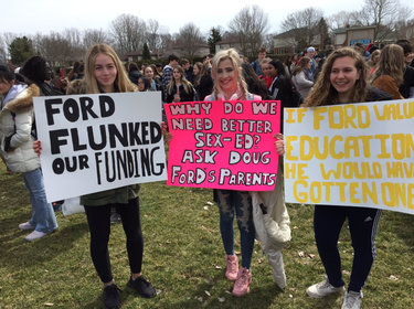 Hundreds of students walked out of A.B. Lucas high school to protest the Ford government's contentious education overhaul, part of similar marches provincewide. Photo taken on Thursday April 4, 2019. (Mike Hensen/The London Free Press)