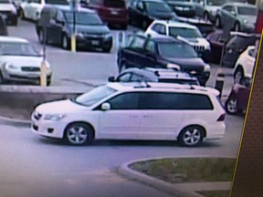 A vehicle, either a white Toyota or Dodge minivan, left the scene after striking a pedestrian in a Stratford Walmart parking lot Sunday morning. (Handout)