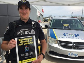 Const. Katherine McNeil helped launched the St. Thomas police bicycle registry. She was encouraging cyclists to sign up to help reduce theft and to aid in the return of bicycles to their rightful owners. (LAURA BROADLEY, Times-Journal)