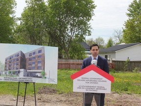 London North Centre MP Peter Fragiskatos announces $4.7 million in federal funding for an Old East Village affordable housing project on Friday, May 24, 2019. (MEGAN STACEY/The London Free Press)