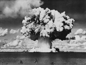 A nuclear bomb explodes during a test at Bikini Atoll in 1946. (Getty Images)