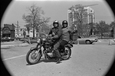 Mr. and Mrs. Charlie Moore on their motorcycle.
Mother's Day, Shunpiker Mystery Tour, 1974. (London Free Press files, Weldon Archives)