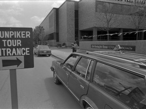 Cars line up in front of The London Free Press on York Street for the Mother's Day Shunpiker Mystery Tour in 1981. (London Free Press collection courtesy Archives and Special Collections, Western University)