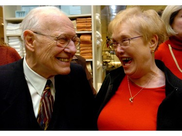 Fred Kingsmill got a warm greeting from Dolly Magee at his 80th birthday celebration at Kingsmill's department store yesterday. Magee, a part-time employee who runs the elevator in the store and has worked there for 22 years, came in on a day off to congratulate him.n/a